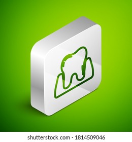 Isometric line Tooth icon isolated on green background. Tooth symbol for dentistry clinic or dentist medical center and toothpaste package. Silver square button. Vector.