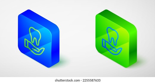 Isometric line Tooth icon aislado en fondo gris. Símbolo dental para clínica odontológica o centro médico odontológico y paquete de pasta dental. Botón cuadrado azul y verde. Vector