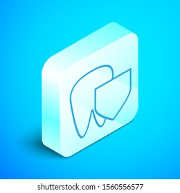 Isometric line Tooth with shield icon isolated on blue background. Dental insurance. Security, safety, protection, protect concept. Silver square button. Vector Illustration