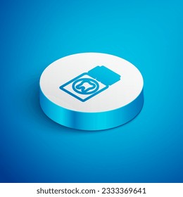 Línea isométrica Icono del comprimido analgésico de dolor de dientes aislado en fondo azul. Medicina para el cuidado de los dientes. Píldora de la cápsula y droga. Diseño de farmacia. Botón Círculo blanco. Vector