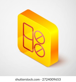 Línea isométrica Icono de la tableta del analgésico del dolor de dientes aislado en fondo gris. Medicamento para el cuidado dental. Cápsula, píldora y droga. Diseño de farmacia. Botón cuadrado amarillo. Vector