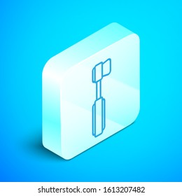 Isometric line Toothbrush icon isolated on blue background. Silver square button. Vector Illustration