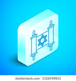 Isometric line Torah scroll icon isolated on blue background. Jewish Torah in expanded form. Star of David symbol. Old parchment scroll. Silver square button. Vector Illustration Isometric line Torah scroll icon isolated on blue background. Jewish Torah in expanded form. Star of David symbol. Old parchment scroll. Silver square button. Vector Illustration