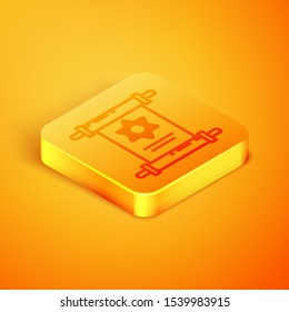 Isometric line Torah scroll icon isolated on orange background. Jewish Torah in expanded form. Star of David symbol. Old parchment scroll. Orange square button. Vector Illustration