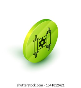 Isometric line Torah scroll icon isolated on white background. Jewish Torah in expanded form. Star of David symbol. Old parchment scroll. Green circle button. Vector Illustration