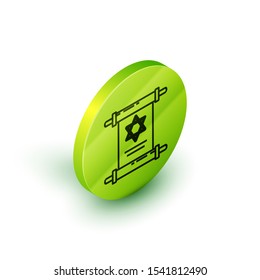 Isometric line Torah scroll icon isolated on white background. Jewish Torah in expanded form. Star of David symbol. Old parchment scroll. Green circle button. Vector Illustration