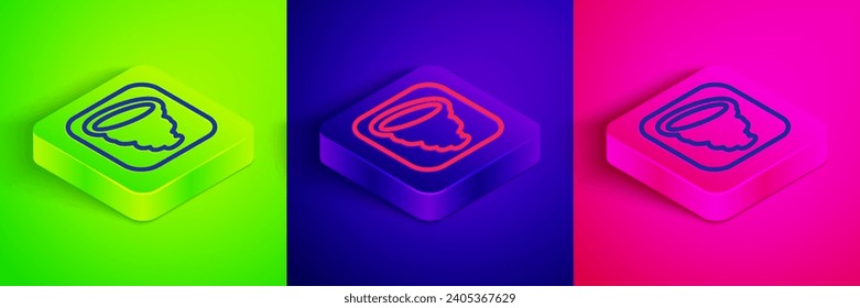 Isometric line Tornado icon isolated on green, blue and pink background. Cyclone, whirlwind, storm funnel, hurricane wind or twister weather icon. Square button. Vector