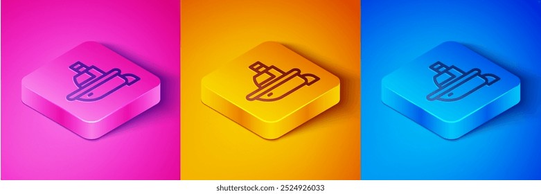 Isometric line Toy boat icon isolated on pink and orange, blue background. Square button. Vector