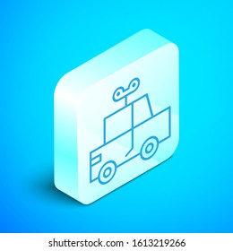 Isometric line Toy car icon isolated on blue background. Silver square button. Vector Illustration