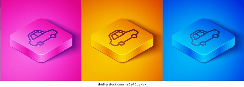 Isometric line Toy car icon isolated on pink and orange, blue background. Square button. Vector