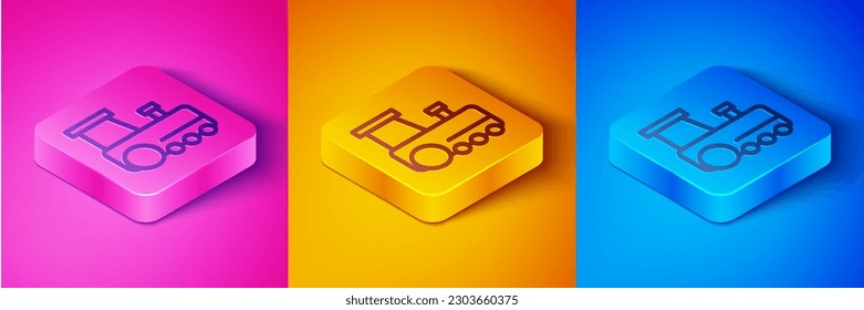 Isometric line Toy train icon isolated on pink and orange, blue background. Square button. Vector
