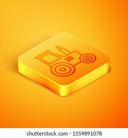 Isometric line Tractor icon isolated on orange background. Orange square button. Vector Illustration