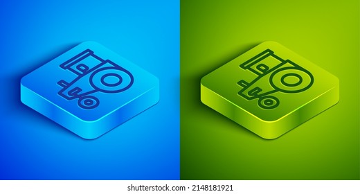 Isometric line Tractor icon isolated on blue and green background. Square button. Vector