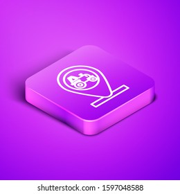 Isometric line Tractor and location icon isolated on purple background. Purple square button. Vector Illustration