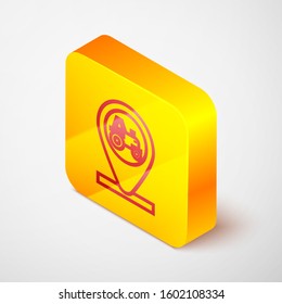 Isometric line Tractor and location icon isolated on grey background. Yellow square button. Vector Illustration