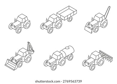 Isometric line tractor set with attachments. Set of isometric line tractors based on a single vehicle design with different attachments including trailer, tanker, front loader, excavator arm, plow and trenching equipment, for agriculture, construction and industrial use.