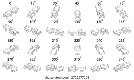 Tractor de línea isométrica con iconos de remolque establecidos. Conjunto de 24 tractores de línea isométrica minimalista con ilustraciones de remolque en múltiples ángulos, adecuados para animación, agricultura, proyectos agrícolas y visuales de logística.