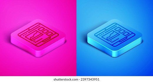 Isometric line Trading courses icon isolated on pink and blue background. Distance learning finance management, buying and selling assets in the stock markets. Square button. Vector