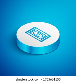 Isometric line Traditional carpet culture ramadan arabic islamic celebration icon isolated on blue background. White circle button. Vector Illustration