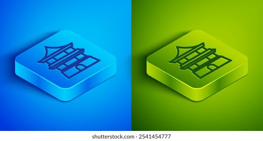 Isometric line Traditional chinese house icon isolated on blue and green background. Square button. Vector