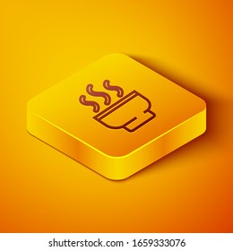 Isometric line Traditional Chinese tea ceremony icon isolated on orange background. Teapot with cup. Yellow square button. Vector Illustration