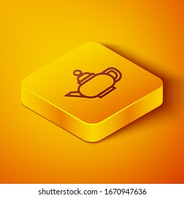 Isometric line Traditional Chinese tea ceremony icon isolated on orange background. Teapot with cup. Yellow square button. Vector Illustration