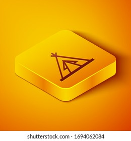 Isometric line Traditional indian teepee or wigwam icon isolated on orange background. Indian tent. Yellow square button. Vector Illustration
