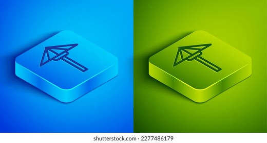 Isometric line Traditional Japanese umbrella from the sun icon isolated on blue and green background. Square button. Vector