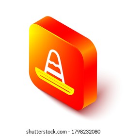 Isometric line Traditional mexican sombrero hat icon isolated on white background. Orange square button. Vector Illustration
