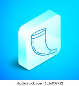 Isometric line Traditional ram horn, shofar icon isolated on blue background. Rosh hashanah, jewish New Year holiday traditional symbol. Silver square button. Vector Illustration