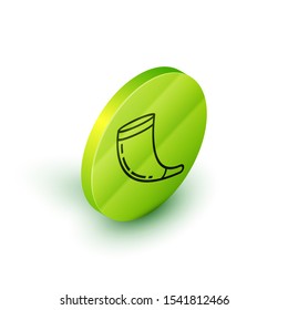 Isometric line Traditional ram horn, shofar icon isolated on white background. Rosh hashanah, jewish New Year holiday traditional symbol. Green circle button. Vector Illustration