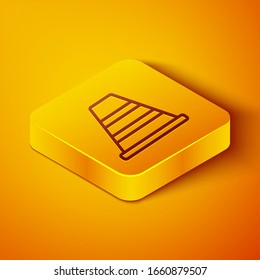 Isometric line Traffic cone icon isolated on orange background. Yellow square button. Vector Illustration