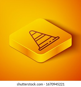 Isometric line Traffic cone icon isolated on orange background. Yellow square button. Vector Illustration
