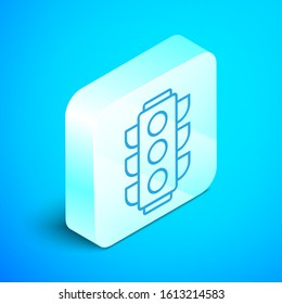 Isometric line Traffic light icon isolated on blue background. Silver square button. Vector Illustration