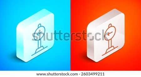 Isometric line Traffic sign turn left warning attention icon isolated on blue and red background. Traffic rules and safe driving. Silver square button. Vector