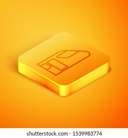 Isometric line Train icon isolated on orange background. Public transportation symbol. Subway train transport. Metro underground. Orange square button. Vector Illustration