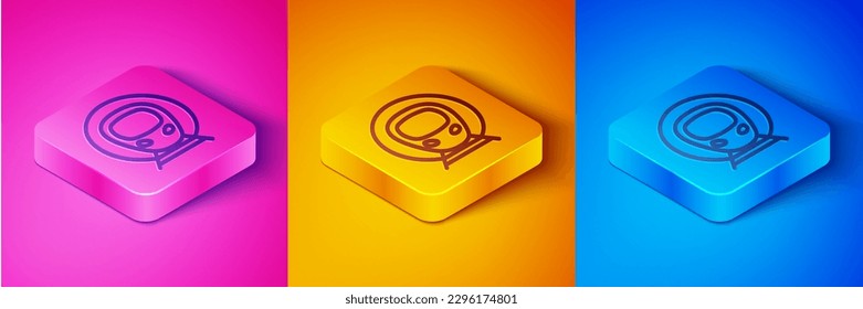 Línea isométrica Icono de tren y tren aislado en color rosa y naranja, azul. Símbolo del transporte público. Transporte en tren subterráneo. Metro subterráneo. Botón cuadrado. Vector