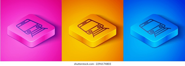 Isometric line Train and railway icon isolated on pink and orange, blue background. Public transportation symbol. Subway train transport. Metro underground. Square button. Vector