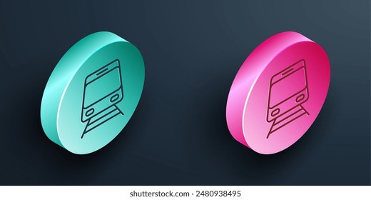 Línea isométrica Icono de tren y ferrocarril aislado sobre fondo negro. Símbolo del transporte público. Transporte en metro. Metro subterráneo. Botón circular turquesa y rosa. Vector