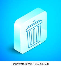 Isometric line Trash can icon isolated on blue background. Garbage bin sign. Recycle basket icon. Office trash icon. Silver square button. Vector Illustration