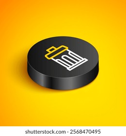 Isometric line Trash can icon isolated on yellow background. Garbage bin sign. Recycle basket icon. Office trash icon. Black circle button. Vector