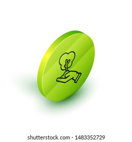 Isometric line Tree in hand of environmental protection icon isolated on white background. Seed and seedling. Planting sapling. Ecology concept. Green circle button. Vector Illustration