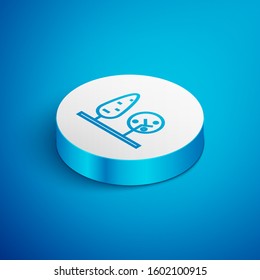 Isometric line Trees icon isolated on blue background. Forest symbol. White circle button. Vector Illustration