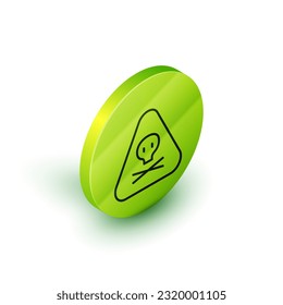 Línea isométrica Icono de advertencia de triángulo tóxico aislado en fondo blanco. Botón Círculo verde. Vector