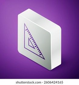 Isometric line Triangular ruler icon isolated on purple background. Straightedge symbol. Geometric symbol. Silver square button. Vector Illustration
