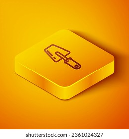 Isometric line Trowel icono aislado en el fondo naranja. Botón cuadrado amarillo. Ilustración vectorial