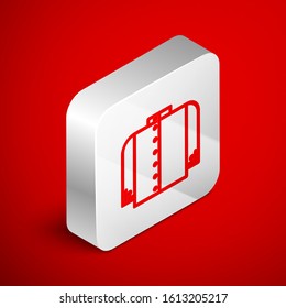 Isometric line T-shirt icon isolated on red background. Silver square button. Vector Illustration