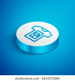 Isometric line T-shirt icon isolated on blue background. White circle button. Vector