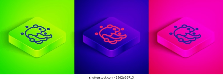 Isometric line Tsunami icon isolated on green, blue and pink background. Flood disaster. Stormy weather by seaside, ocean or sea wave or tsunami. Square button. Vector