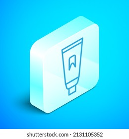 Línea isométrica Tubo de ícono de pasta dental aislado en fondo azul. Botón cuadrado plateado. Ilustración vectorial